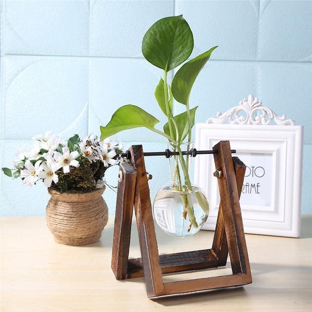 Glass Propagation Vase with A-Frame Wood Stand