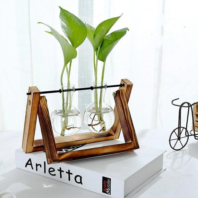 Glass Propagation Vase with A-Frame Wood Stand